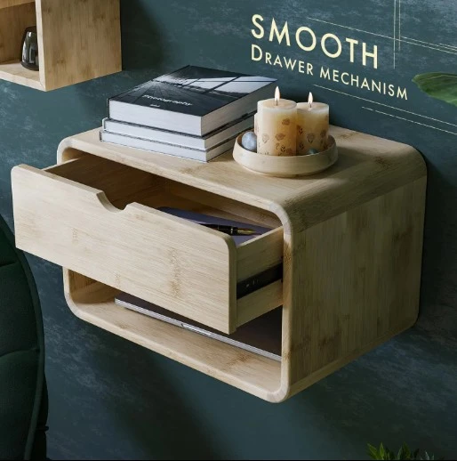 Bamboo Floating Nightstand Wall-Mount Bedside Shelf
